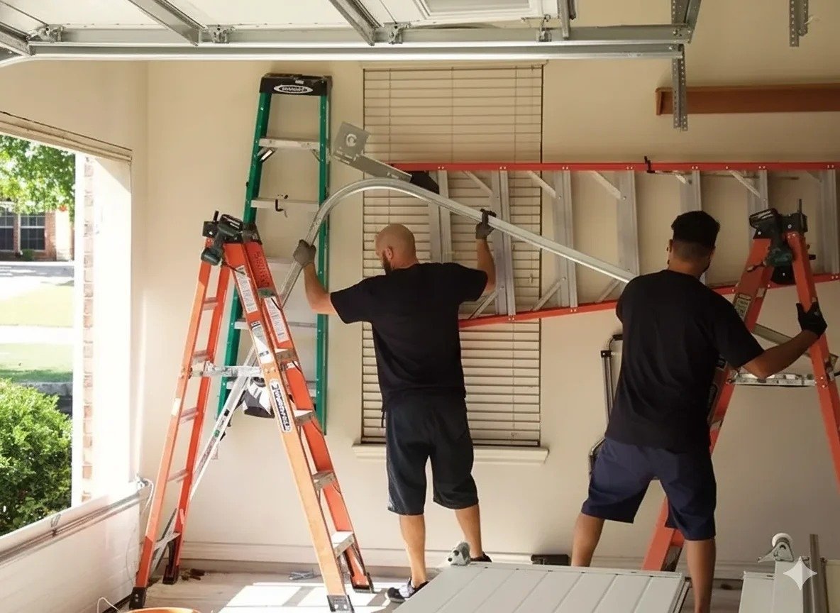 Two technicians on orange ladders mounting hardware along a garage wall beside a window
