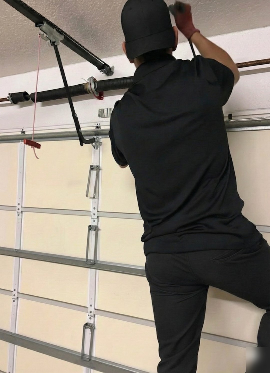 Technician in black climbing a ladder beside the torsion shaft and cable of a white door