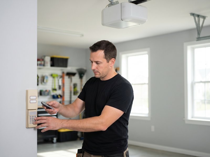 Technician holding a remote and testing the keypad on the garage wall