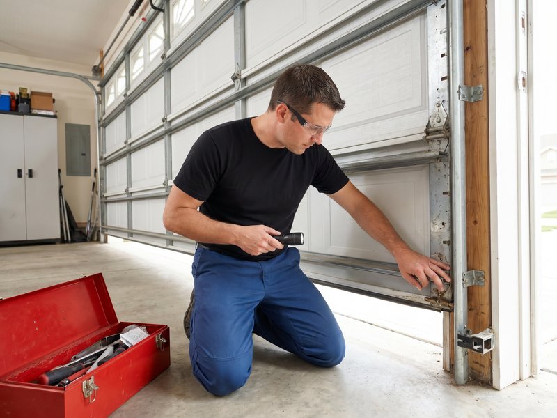 Technician kneeling beside a red toolbox at the edge of a sectional garage door