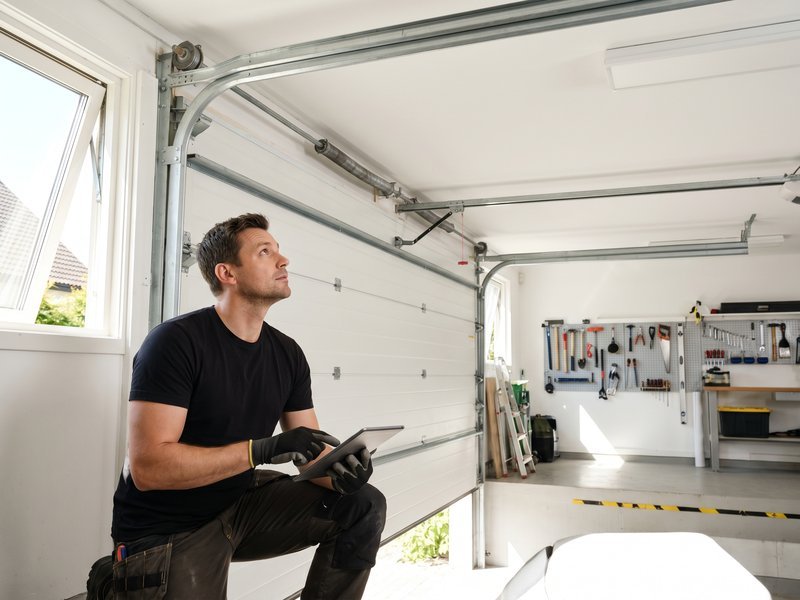 Technician seated beside a sectional door with a cordless drill