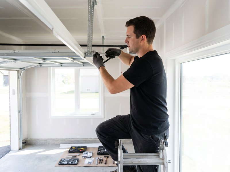 Technician with a cordless drill fastening a track beside a door with window panels