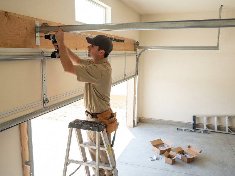 Two installers carrying door sections beside a brick-front house