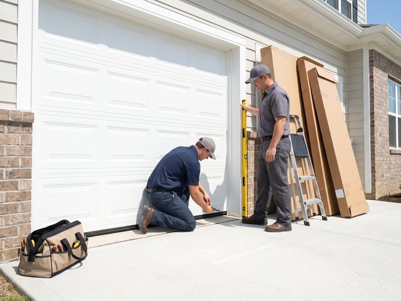 Installers assembling a white garage door in the opening